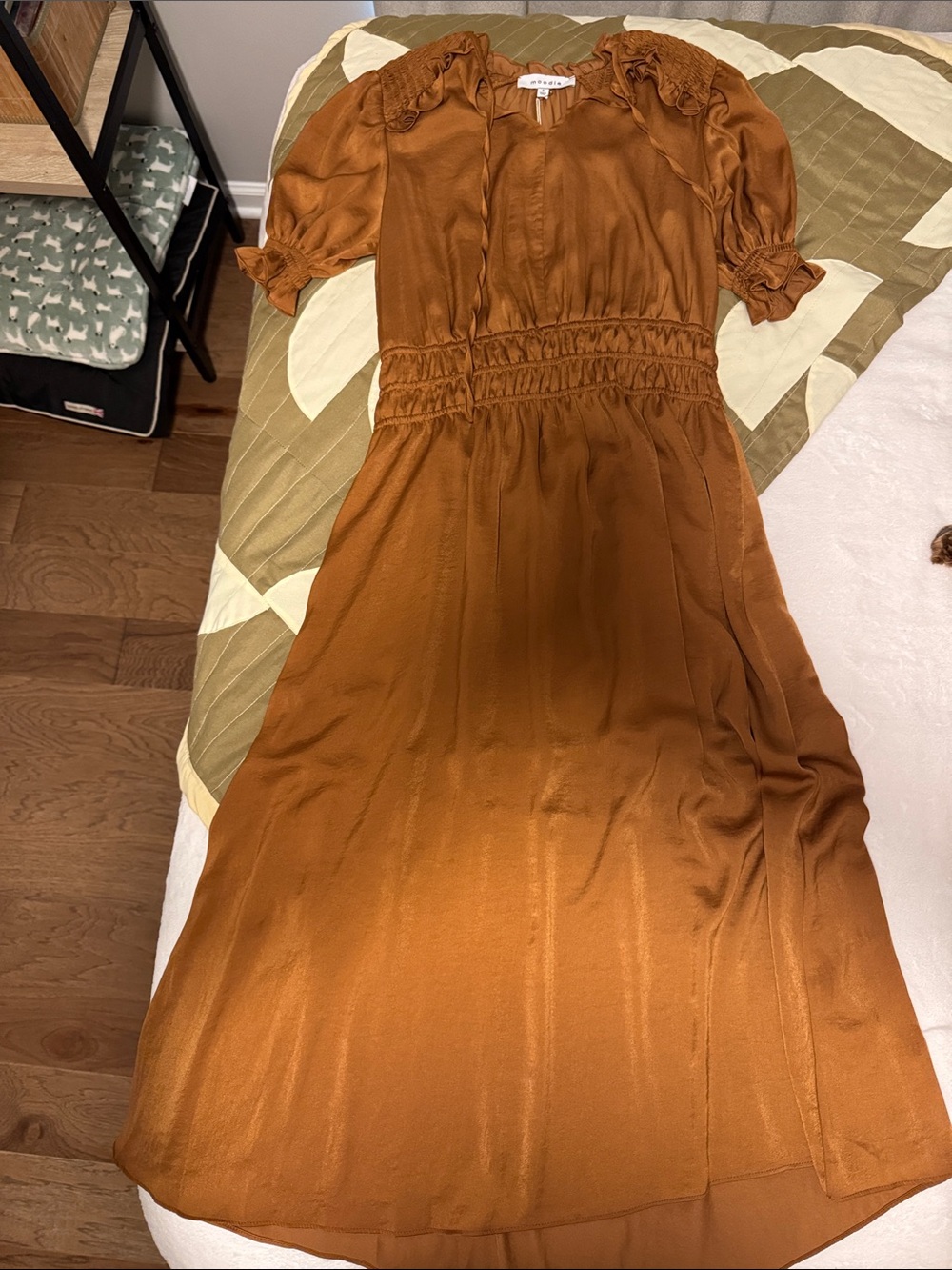 moodie Rust Brown Midi Dress with Smocked Waist